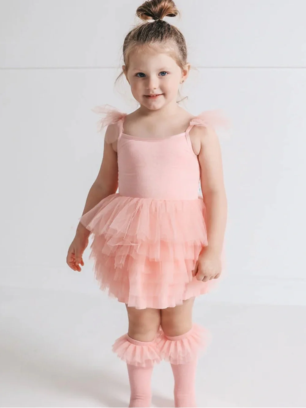 Posh Peanut Starry Pink Ruffled Tulle Smocked Dress